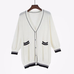 It is a large size women`s flax v-neck knitted cardigan outside with loose new Korean version of bla white xl 