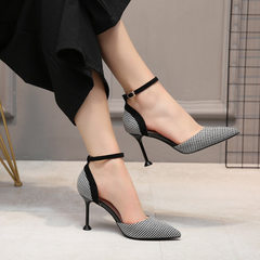 2018 summer new plaid shallow-mouthed stiletto heels for women and one-word button sandals street fa black 34 
