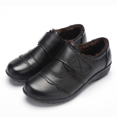 New style mom single shoe cow leather flat heel soft bottom large size middle - aged warm women`s sh 566 black 35 