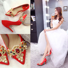 Manufacturer wholesale red shoes bride wedding shoes thin heel shallow-mouthed Chinese high-heeled s 7 cm 35 