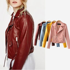 Spring women`s leather coat, european-style fashion lapel, collared waist candy color motorcycle, PU black s. 