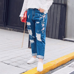 Fat sister size women`s clothes add fat increase 200 jin fat mm pants jeans holes loose thin width blue 32 