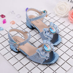 Snow and ice edge elsa crystal shoes 18 summer new girl sandals fashion bow high heel princess shoes Light blue 26 