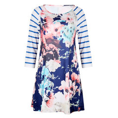 Amazon ebay wish hot style seven-point sleeve print skirt dress woman OM1059 blue s. 