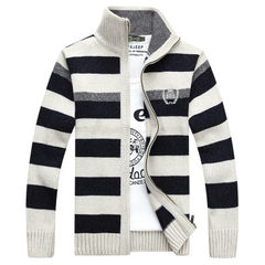 Supply young men`s cardigan sweater coat fashionable men`s large code stripe knitting long zipper wo beige m 
