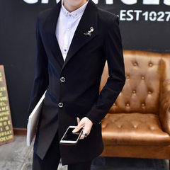 2018春季西服新款时尚男士西装中长款风衣青年韩版潮修身男装外套 黑色 M