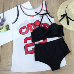 少女篮球运动风泳衣男友装骑士纪念款罩衫字母分体三件套比基尼 白衫黑比基尼 M