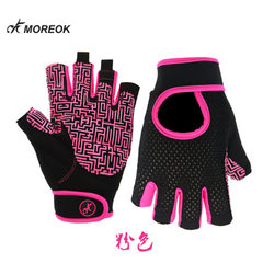 Silicone anti-skid half finger fitness gloves dumbbells lift iron spinning equipment supplies short  Dark pink s. 