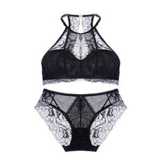 Stainless steel ring bra set lace sexy hollow-out thin cotton cup with neck type seamless back wipe  black xl 