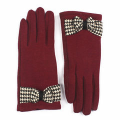 贵人指手套订做款 千鸟格大蝴蝶结不倒绒时尚保暖手套 红色