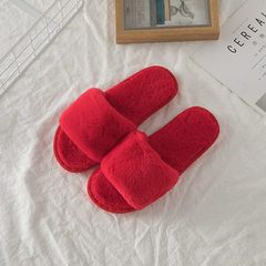 New style autumn and winter home a word to drag plush slippers women flat wool outside wear anti-ski red 36 and 37 