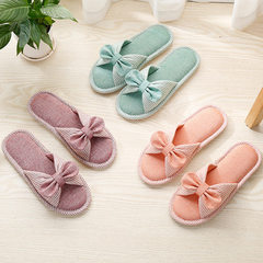 Spring and summer new style bowknot lovers four seasons flax household slippers women Japanese indoo A pale orange Female 36-37 