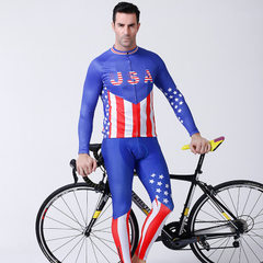 Summer USA cycling wear men`s long sleeve top cushion backstrap trousers suit moisture absorption an USA blue 1 s. 