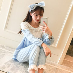Spring and autumn Korean version of women`s pajamas lace lace princess cotton leisure home wear girl 01 # light blue l 