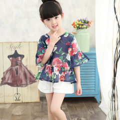 Children`s clothing wholesale girl Korean version of cotton short-sleeve bat sleeve lotus leaf edge  navy 100 cm 
