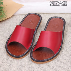 Home haining genuine cowhide slippers anti-skid cowhide flooring house slippers summer men`s and wom Female with bright red 25 # (35 and 36) 