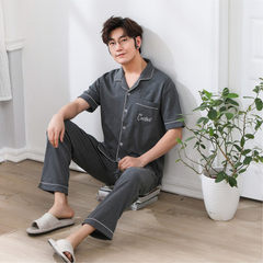 2018 summer new Korean version cotton short sleeve trousers cardigan lapel pajamas home wear men`s c Deep grey cx013416 # m 