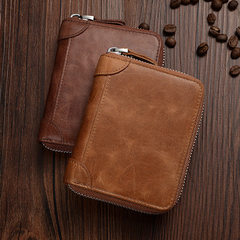 Leather zipper men`s rfid wallet factory customized the first layer of leather vintage wallet short  Red brown 