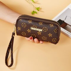 Long style ladies double purse large capacity multi-card position double pull mobile phone bag zero  Brown, 