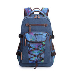 Amazon`s new usb washed canvas retro leisure backpack men`s backpack computer bag blue 19 inch 
