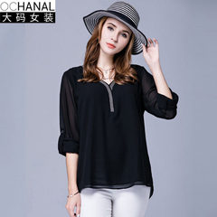 2017 new v-neck long-sleeve chiffon shirt with large size spring wear for women in Europe and Americ black xl 