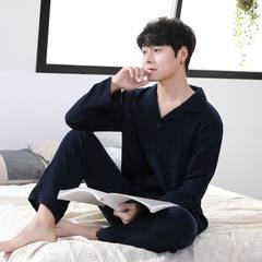 New style men`s pyjamas long sleeve pure cotton version of the cardigan spring and autumn cotton hom Men`s crepe suits are dark blue m 