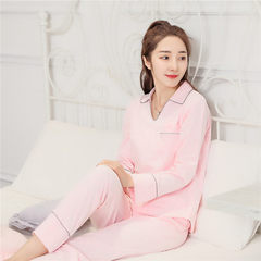 New spring and autumn ladies long-sleeved cotton pajamas south Korean lovers thin cotton leisure hom V-neck colored cotton pink m 