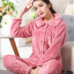 Winter coral velvet pyjamas for women winter long sleeve flannel autumn and winter warm home wear Rouge red trim suit for women m 
