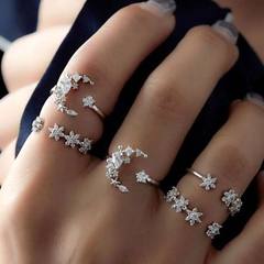 欧美波西米亚5件套镶钻套装戒指 女性复古婚礼节星星月亮水晶戒指 银色