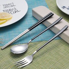 韩式304不锈钢便携餐具套装三件套布袋镀金叉勺筷子户外旅行套装 小麦盒黑色四件套
