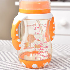 厂家直销奶瓶批发儿童奶瓶耐摔耐温带柄 喂养用品婴儿奶瓶防胀气 黄色