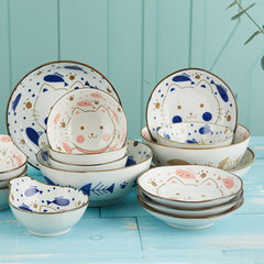 样品！原是家居 日式陶瓷手绘餐具 小馋猫系列 可爱小碗蝶盘 家用 粉色4.2”柄碗