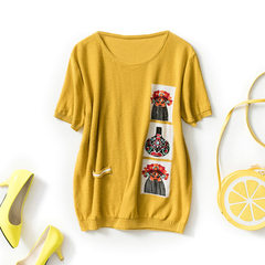 夏季新款短袖t恤衫 女士文艺范印花脸谱休闲圆领打底衫透气针织衫 黄色 M