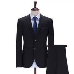 男士西服套装羊毛工作服制服西装男式竖条纹黑色休闲商务修身新款 黑色平纹 42
