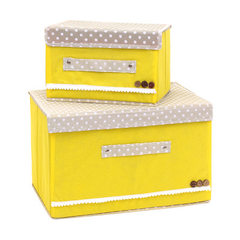 有盖撞色无纺布收纳箱 创意扣扣收纳箱两件套 整理箱 衣物收纳盒 黄色 两件套