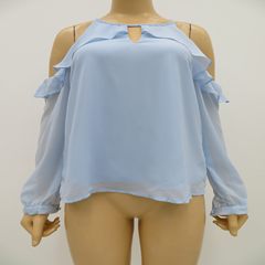 New popular lady LACE SLING shirt, long sleeve open shoulder double sling shirt Wathet S