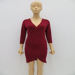 厂家直销外贸原单女士中袖V领连衣裙，女士中长款毛衣裙 红色 S