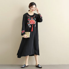 Mafan clothes new style of retro literature and art in summer China knotted embroidered skirt embroidered fringed dress cotton hemp dress black Uniform code