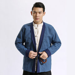 2018 Ma Fan clothes Chinese style men's clothes cotton and hemp autumn style men's clothes with two colors Chinese style men's jackets, literary and artistic pure hemp jackets Dark blue with light blue M