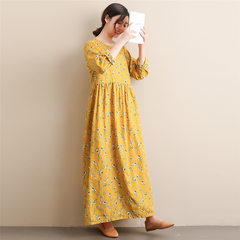 2008 Ma Fan clothes are popular in autumn. The elegant high waist skirt with broken flowers can be inserted on both sides of ramie dress. yellow Uniform code