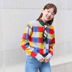 2019春季女装新款韩版ins网红毛衣上衣撞色格子针织开衫外套 彩色 均码
